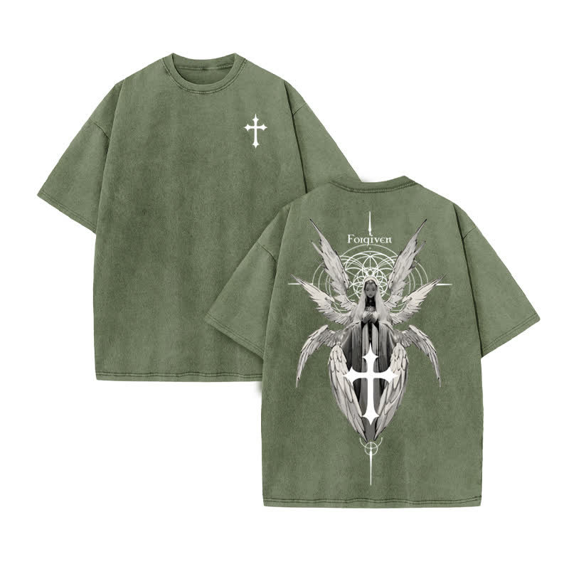 Unisex Forgiven Print Acid Washed T-shirt - Army Green - US20-22(3XL) - image 6