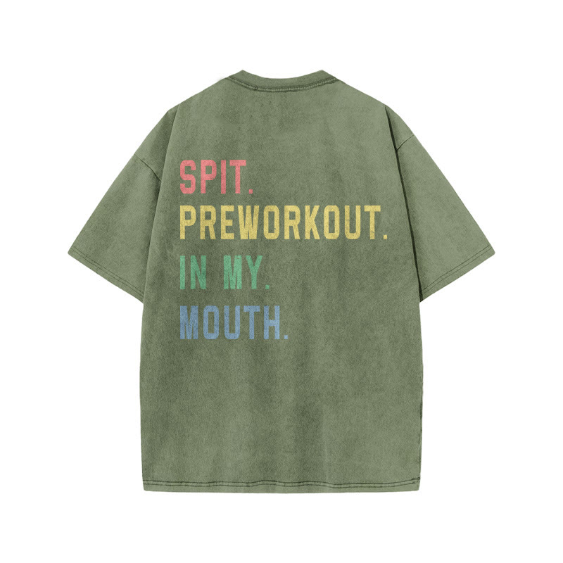 100% Cotton SPIT. PREWORKOUT. Gym Print Acid Washed T-shirt - Army Green - US20-22(3XL) - image 7
