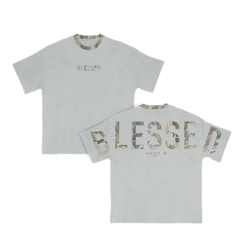Blessed Matthew 5:3-12 Dead Leaves Camouflage Print T-shirt - Grey - 8XL - image 5
