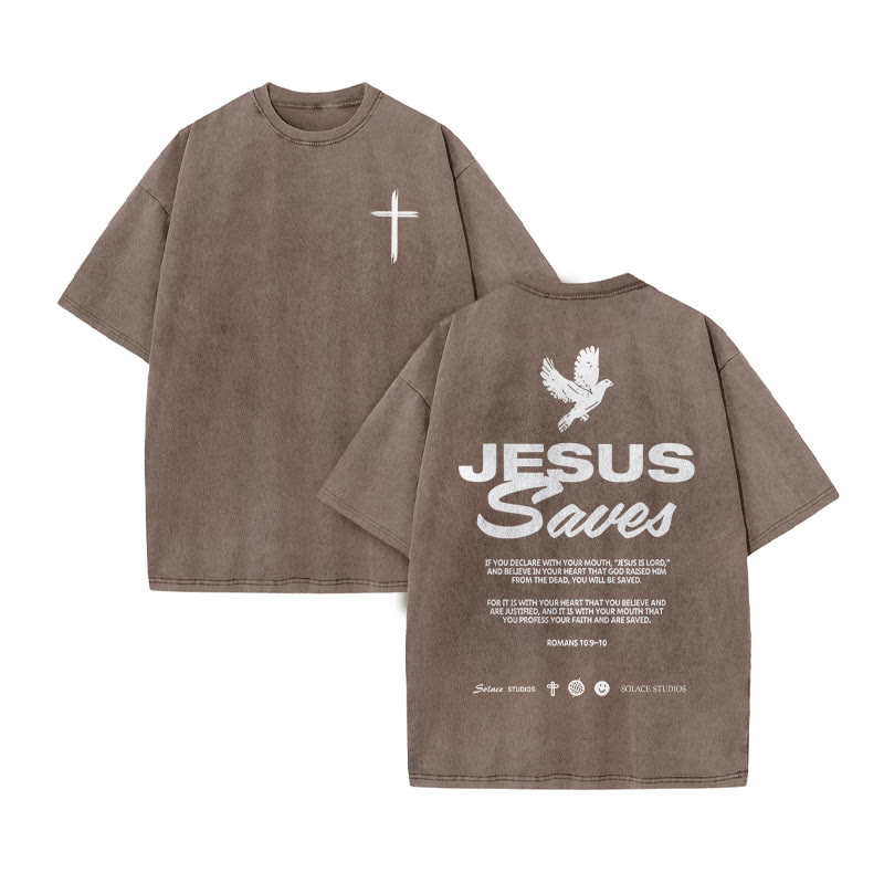 Unisex 100% Cotton Jesus Saves Cross Print Acid Washed T-shirt - Coffee - US20-22(3XL) - image 5