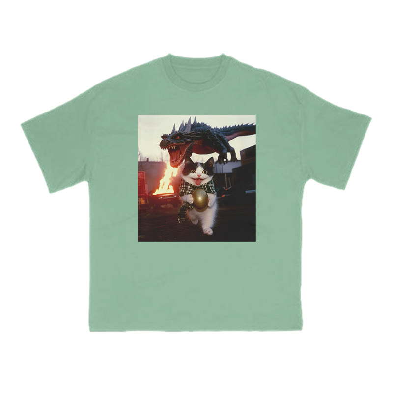 Unisex 100% Cotton Cat Stealing Dinosaur Egg Print T-shirt - Green - US16-18(2XL) - image 7