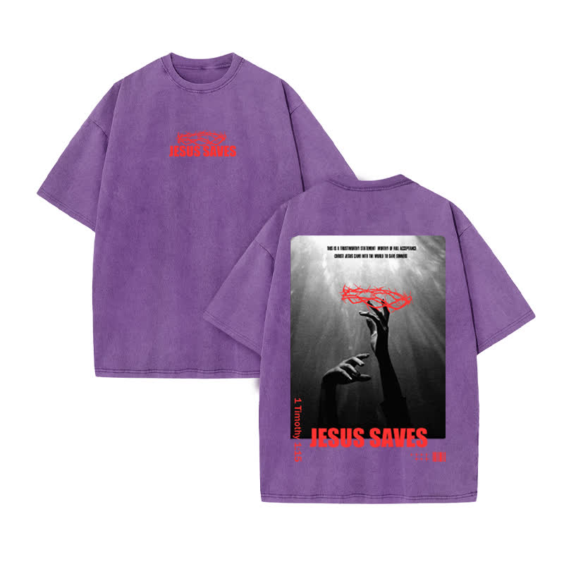 Unisex 100% Cotton Jesus Saves Print Acid Washed T-shirt - Purple - US20-22(3XL) - image 9