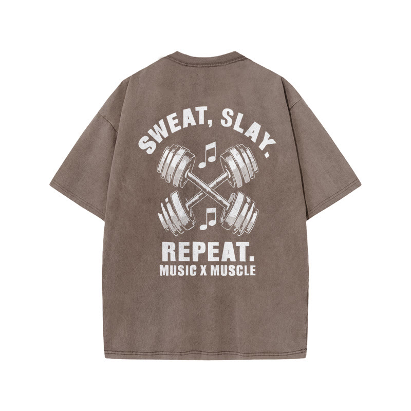100% Cotton SWEAT SLAY Gym Print Acid Washed T-shirt - Coffee - US20-22(3XL) - image 5