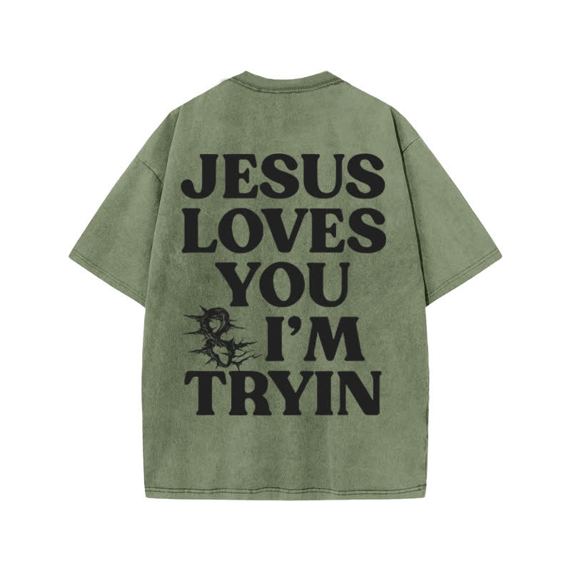 Unisex  Jesus Love You And I 'm Tryin Print Acid Washed T-shirt - Army Green - US20-22(3XL) - image 5