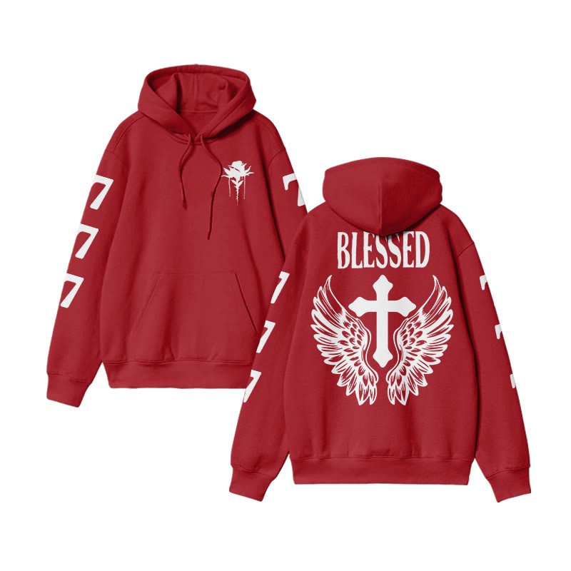 Unisex 100% Cotton Blessed Cross Wings Print Hoodie - Red - US16-18(2XL) - image 7