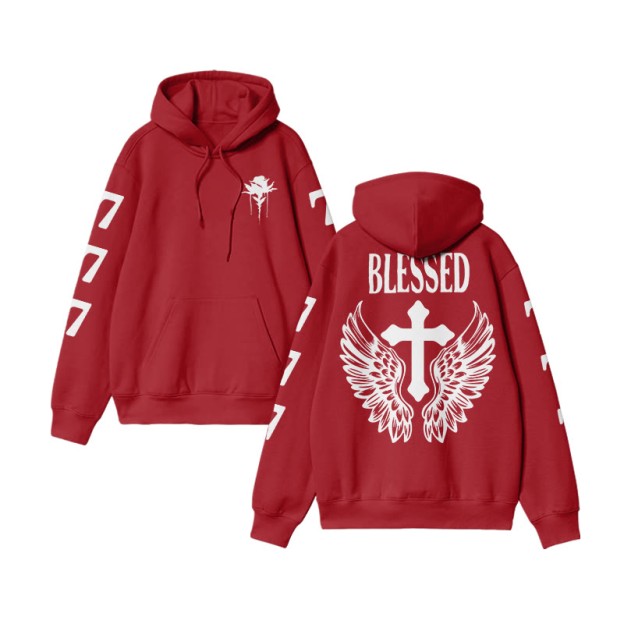 Unisex 100% Cotton Blessed Cross Wings Print Hoodie - Red - US16-18(2XL) - image 7