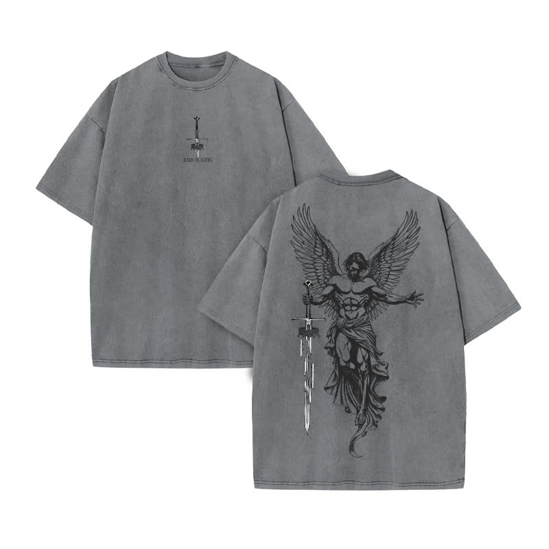 Unisex Jesus Is King Print Acid Washed T-shirt - Grey - US20-22(3XL) - image 5