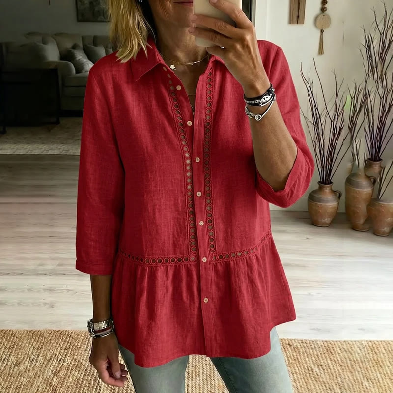 Elegant Bohemian Openwork Lace Linen Blend 3/4 Sleeve Blouse - Red - 3XL - image 7