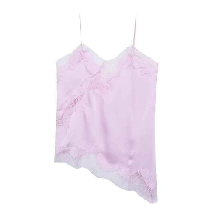 Spaghetti Strap Tank Top With Lace Spliced Irregular Hem - Pink - US12(L) - image 12