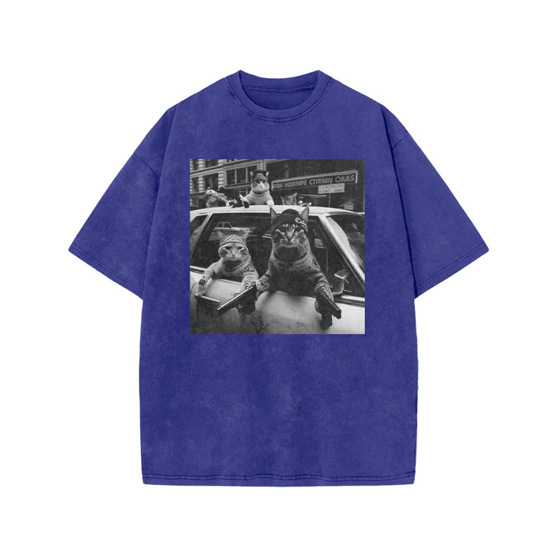 Funny Cat Gang Print Acid Washed T-shirt - Blue - US20-22(3XL) - image 8