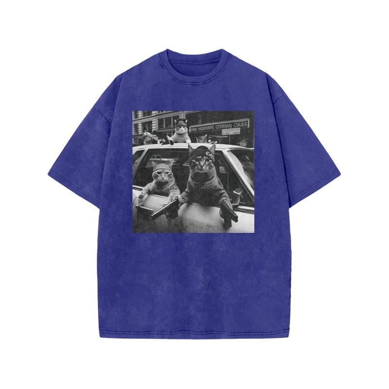 Funny Cat Gang Print Acid Washed T-shirt - Blue - US20-22(3XL) - image 8