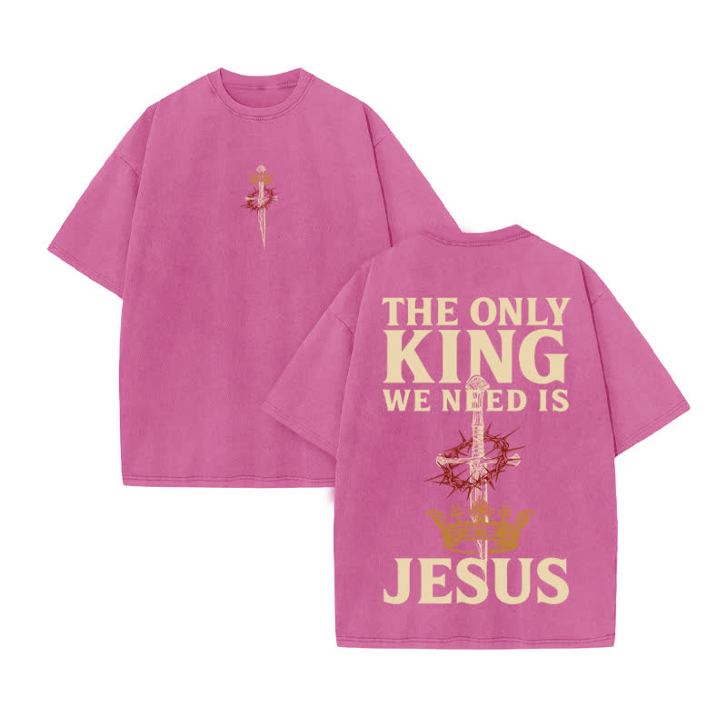 Unisex 100% Cotton JESUS IS THE ONLY KING Print Acid Washed T-shirt - Pink - US20-22(3XL) - image 7