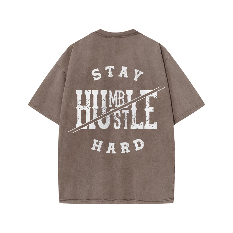 100% Cotton Stay Humble Gym Print Acid Washed T-shirt - Coffee - US20-22(3XL) - image 5