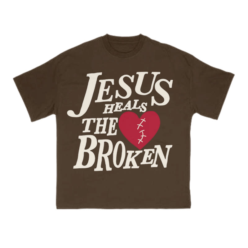 Unisex Jesus Heals The Broken Print T-shirt - Coffee - US16-18(2XL) - image 8