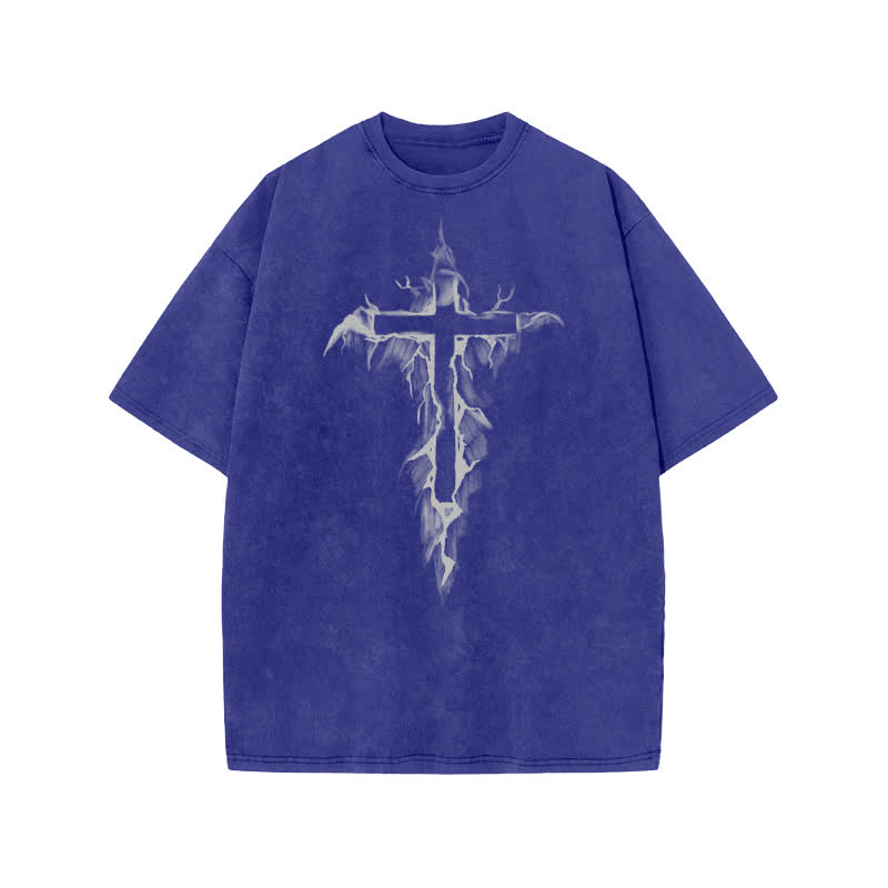Unisex 100% Cotton Cross In The Crack Print Acid Washed T-shirt - Blue - US20-22(3XL) - image 8