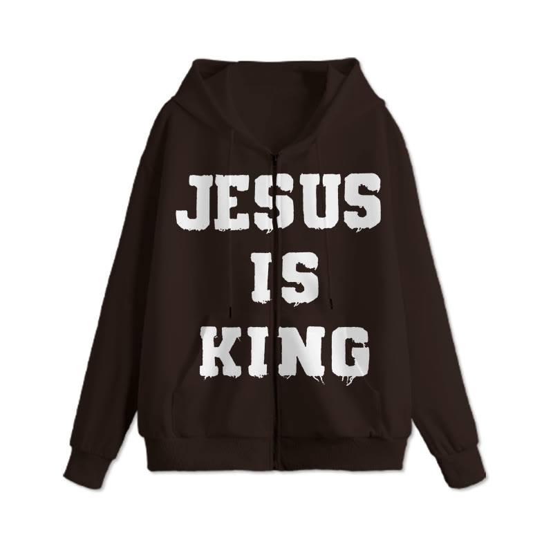 Unisex Jesus Is King Print Zip Up Hoodie - Coffee - US16-18(2XL) - image 4