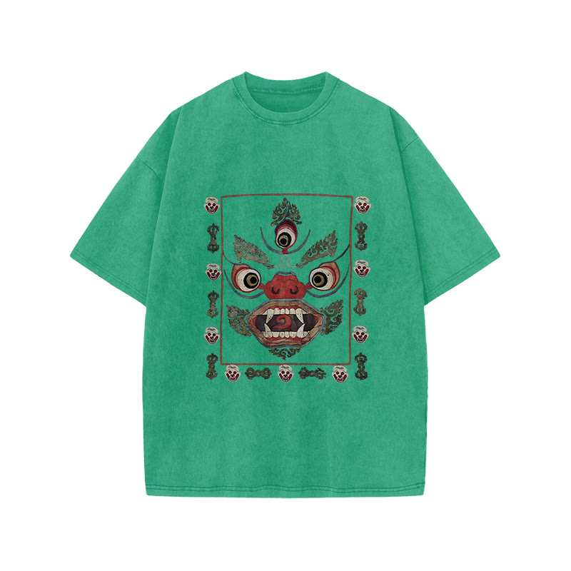 Unisex 100% Cotton Tibetan Mahakala Japan Art Print Acid Washed T-shirt