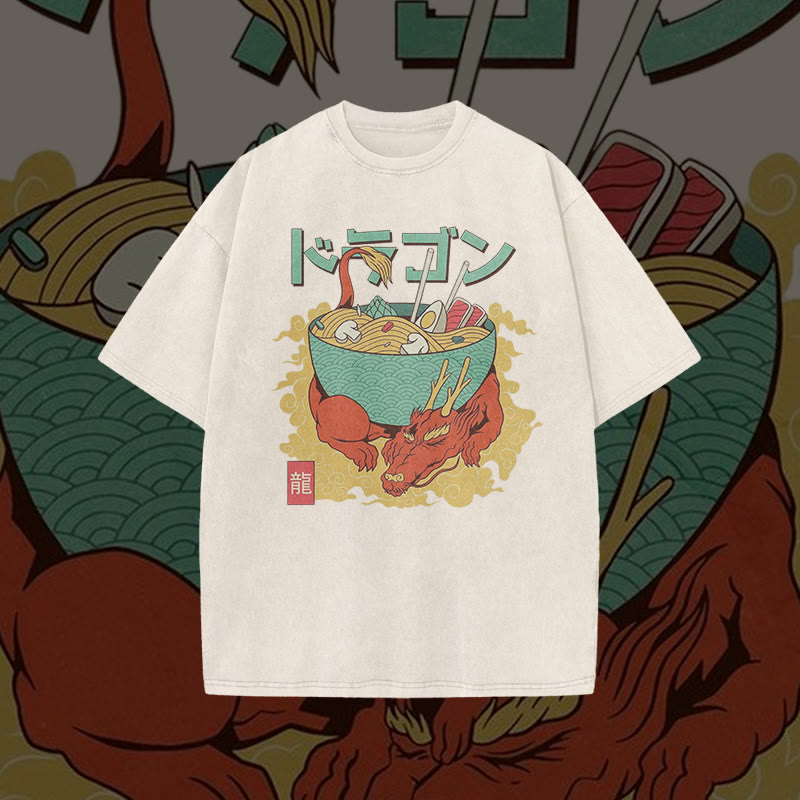 Unisex 100% Cotton Ramen On The Dragon Print Acid Washed T-shirt