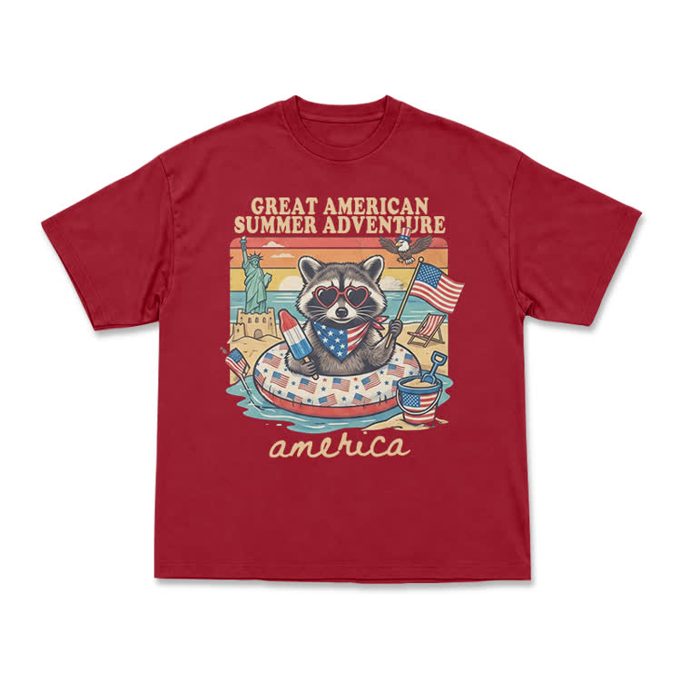 Vintage American Summer Adventure Raccoon Graphic T-Shirt - Red - US16-18(2XL) - image 11