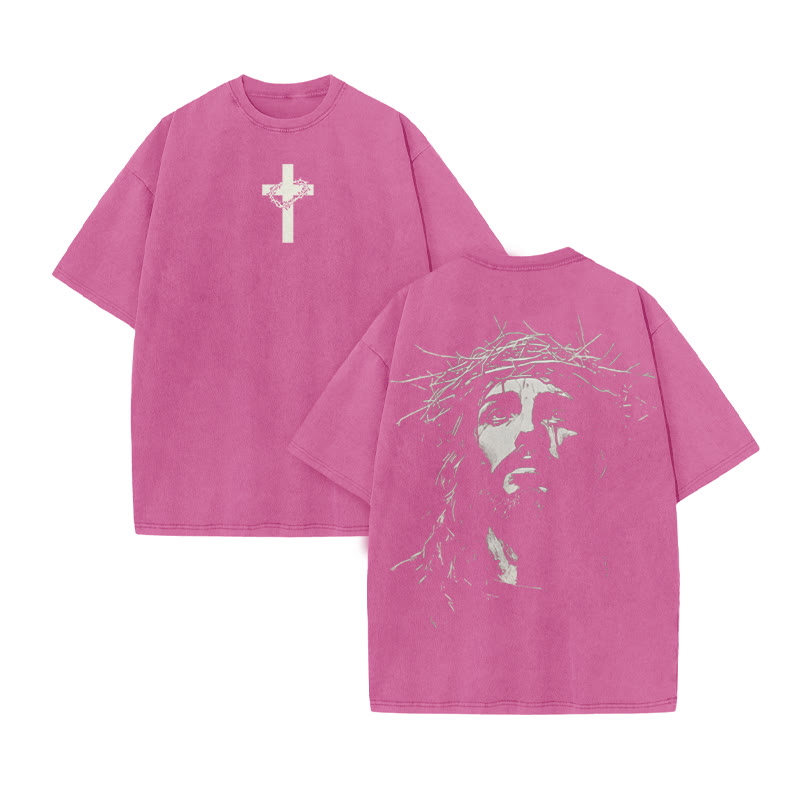 Unisex Jesus Face Print Acid Washed T-shirt - Pink - US20-22(3XL) - image 6