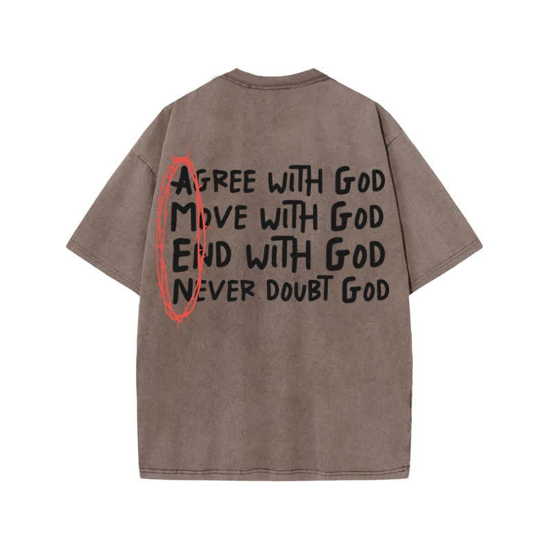 Unisex Cute Amen Print Acid Washed T-shirt - Coffee - US20-22(3XL) - image 3