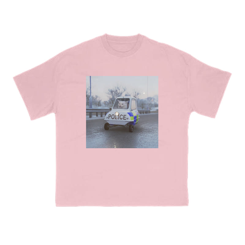 Unisex 100% Cotton Cat Driving A Police Car Print T-shirt - Pink - US16-18(2XL) - image 7