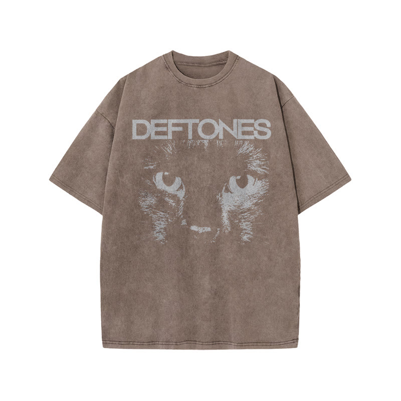Unisex 100% Cotton Deftones Cat Print Acid Washed T-shirt - Coffee - US20-22(3XL) - image 7