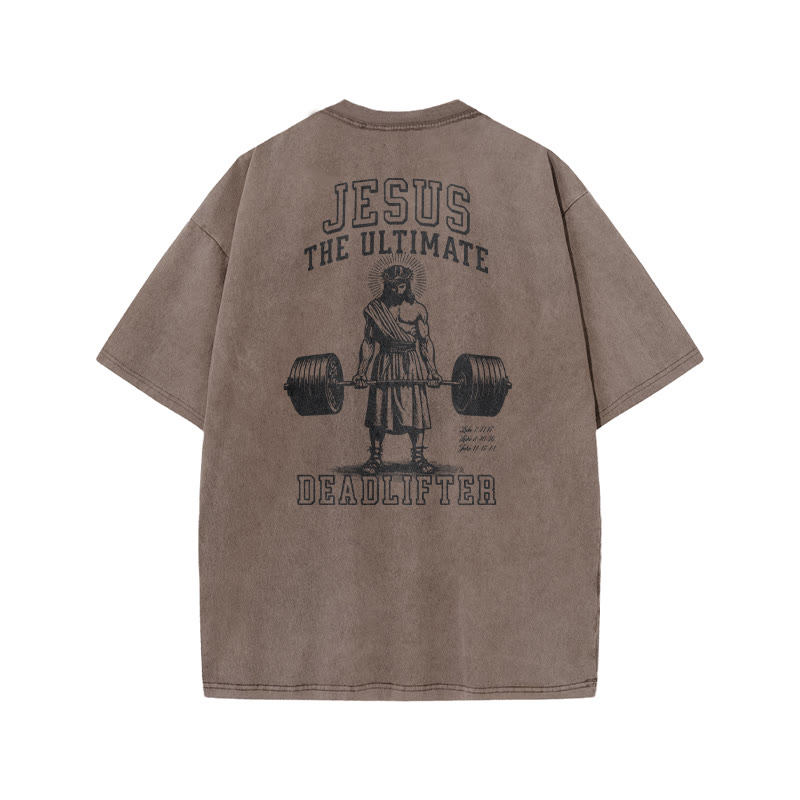 Jesus The Ultimate Deadlifter Print Acid Washed T-shirt - Coffee - US20-22(3XL) - image 4
