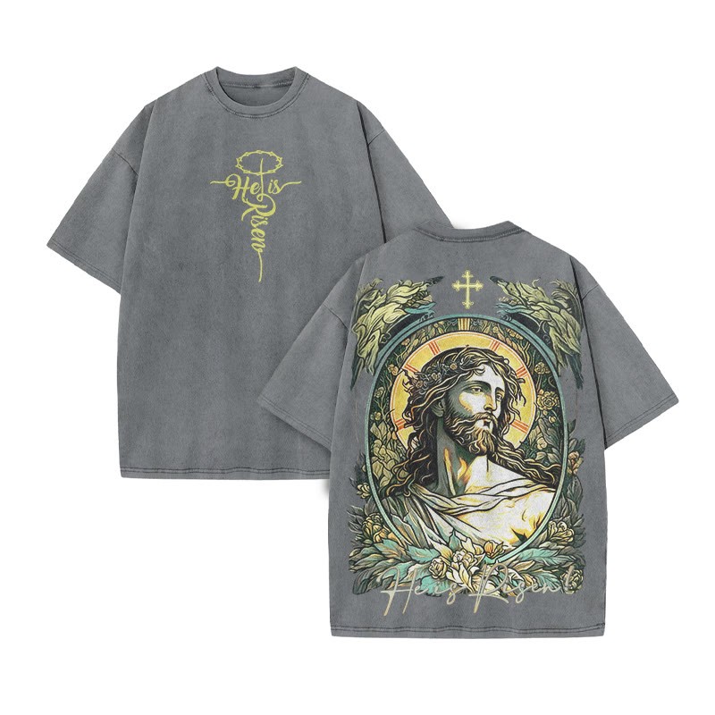 He Is Risen Jesus Print Acid Washed T-shirt - Grey - US20-22(3XL) - image 4