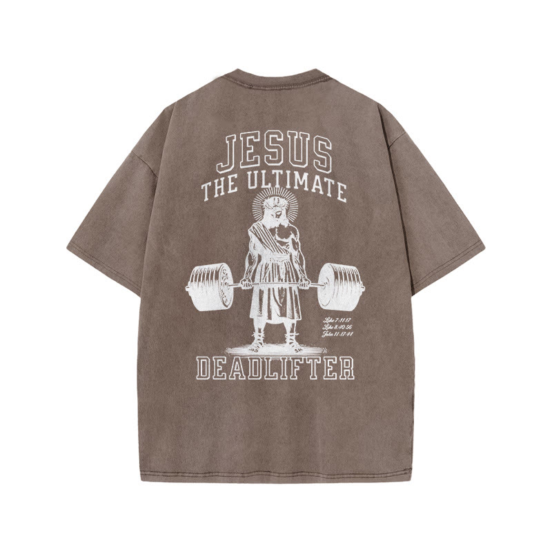 Gym 100% Cotton JESUS Print Acid Washed T-shirt - Coffee - US20-22(3XL) - image 5