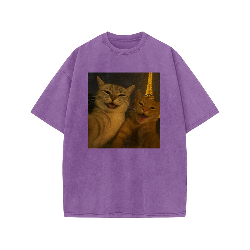 Unisex 100% Cotton Selfie Cat Print Acid Washed T-shirt - Purple - US20-22(3XL) - image 9