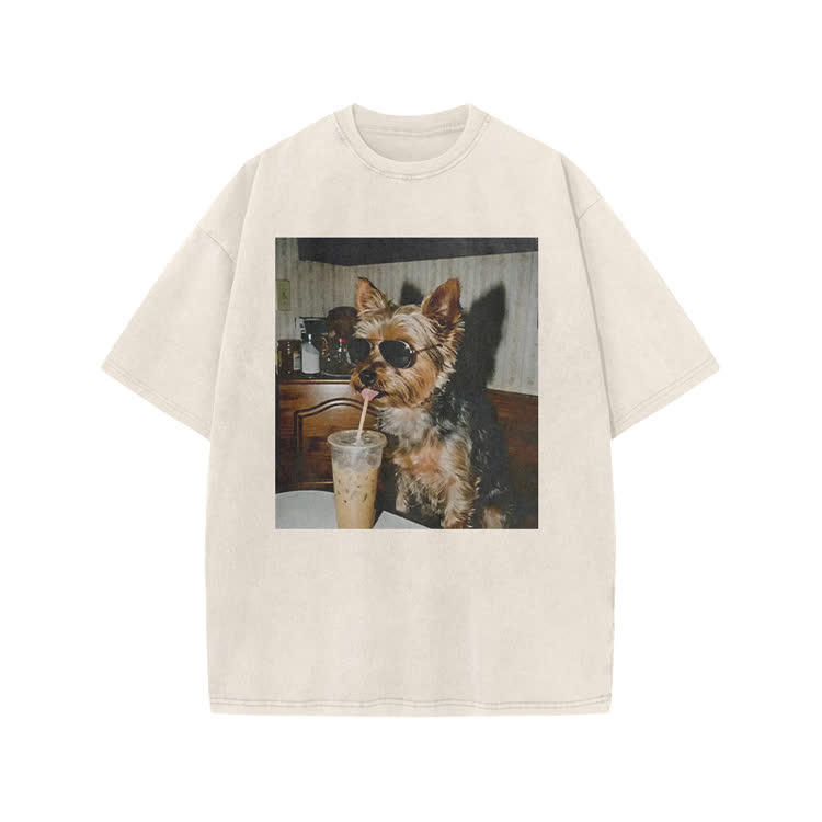 Vintage Dog Coffee Graphic Print Acid Washed T-shirt - Beige - US20-22(3XL) - image 5