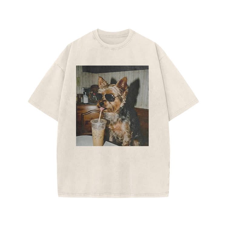 Vintage Dog Coffee Graphic Print Acid Washed T-shirt - Beige - US20-22(3XL) - image 5