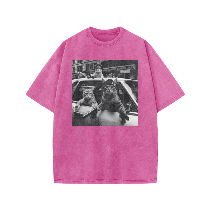 Funny Cat Gang Print Acid Washed T-shirt - Pink - US20-22(3XL) - image 7