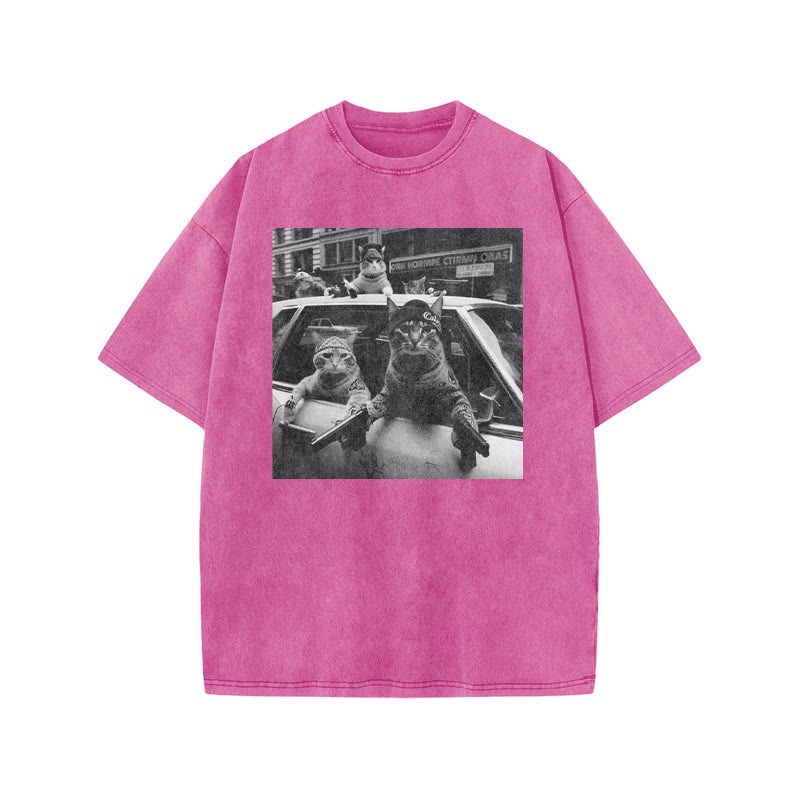 Funny Cat Gang Print Acid Washed T-shirt - Pink - US20-22(3XL) - image 7