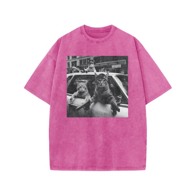 Funny Cat Gang Print Acid Washed T-shirt - Pink - US20-22(3XL) - image 7
