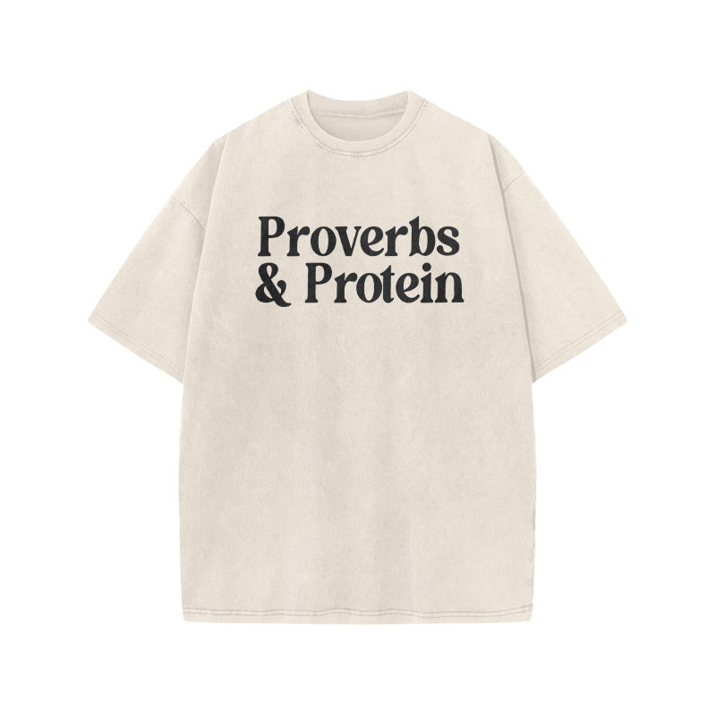 Proverbs & Protein Print Acid Washed T-shirt - Beige - US20-22(3XL) - image 3