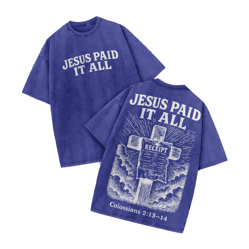Jesus Paid It All Colossians 2:13-14 Print Acid Washed T-shirt - Blue - US20-22(3XL) - image 9