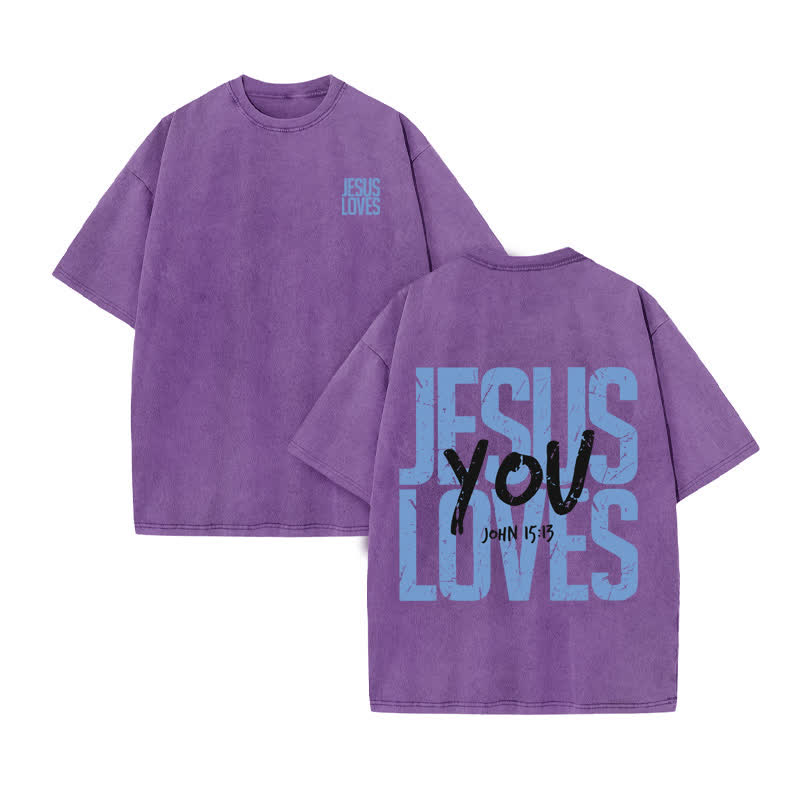 Unisex 100% Cotton JESUS LOVES YOU Print Acid Washed T-shirt - Purple - US20-22(3XL) - image 8