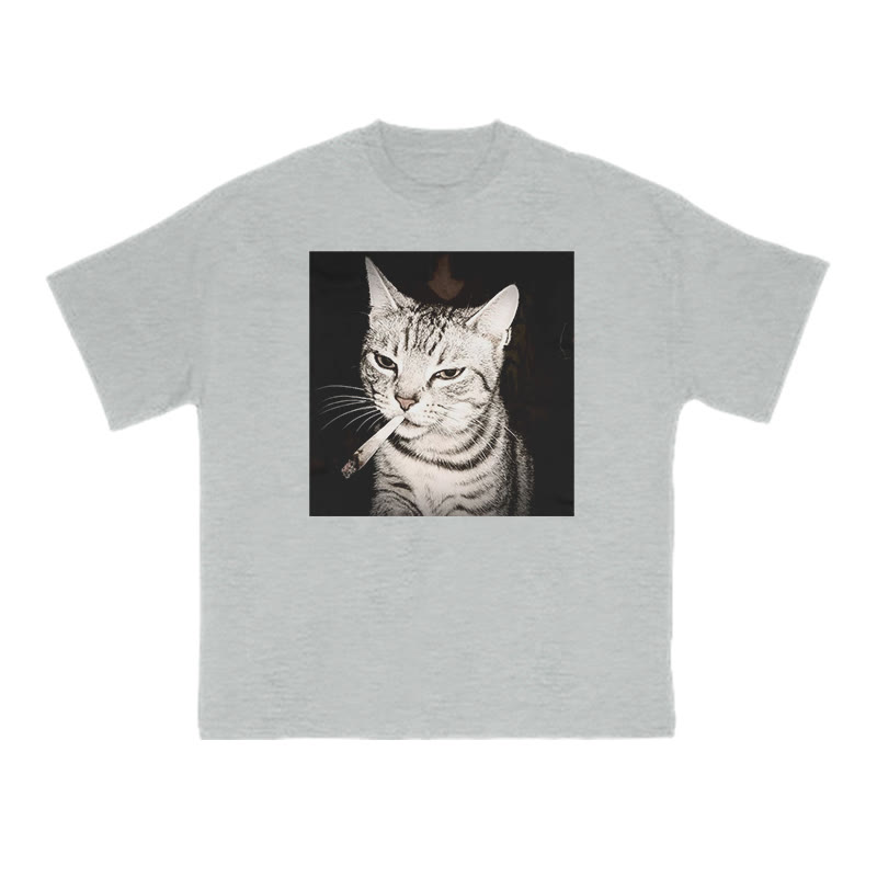Unisex 100% Cotton Smoking Tabby Cat Print T-shirt - Grey - US16-18(2XL) - image 3