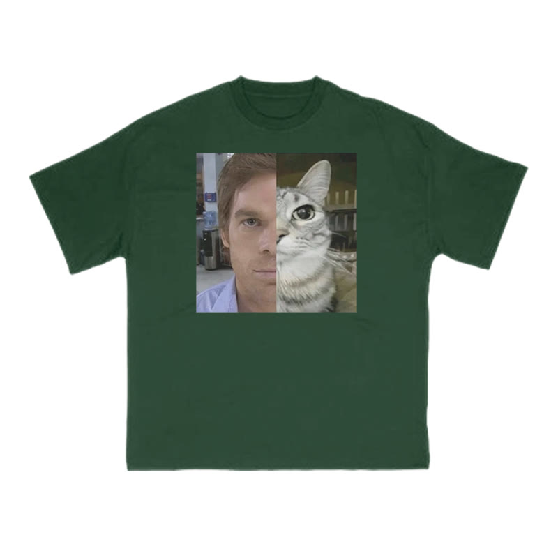 Unisex Patchwork Cat Print T-shirt - Green - US16-18(2XL) - image 7