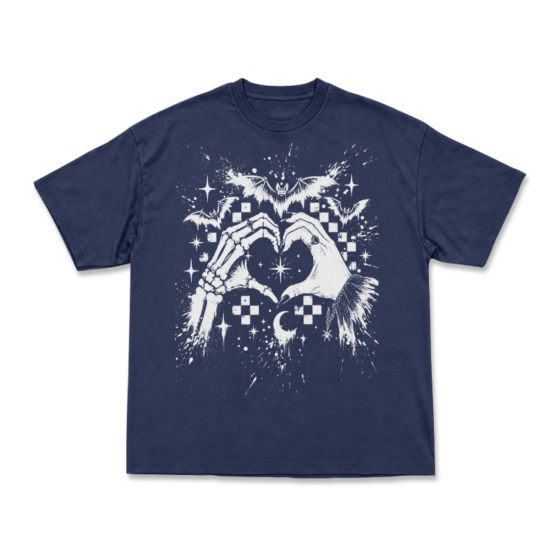 Gothic Skeleton Hand Heart Round Neck Graphic Print T-Shirt - Navy Blue - US16-18(2XL) - image 15
