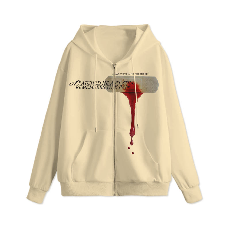 Unisex 100% Cotton War Woven Never Broken Print Zip Up Hoodie - Apricot - 2XL - image 5