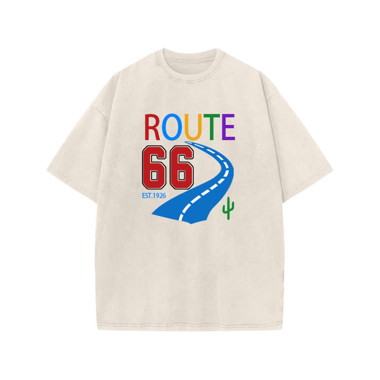 Vintage Route 66 Road Trip Graphic Print Acid Washed T-shirt - Beige - US20-22(3XL) - image 4