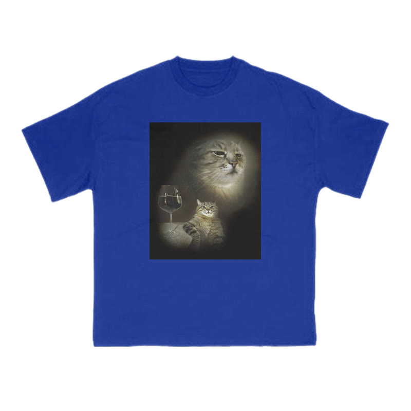 Unisex 100% Cotton Cat And Wine Print T-shirt - Blue - US20-22(3XL) - image 7