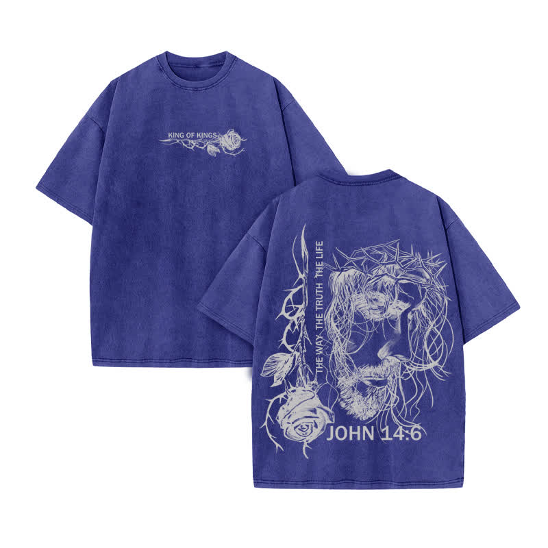 Unisex 100% Cotton Jesus Is King The Way The Truth The Life Print Acid Washed T-shirt - Blue - US20-22(3XL) - image 10