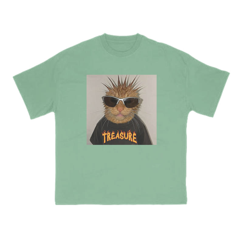 Unisex 100% Cotton Punk Cat Creative Print T-shirt - Green - US16-18(2XL) - image 8