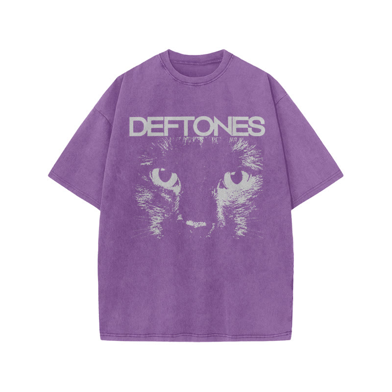Unisex 100% Cotton Deftones Cat Print Acid Washed T-shirt - Purple - US20-22(3XL) - image 6