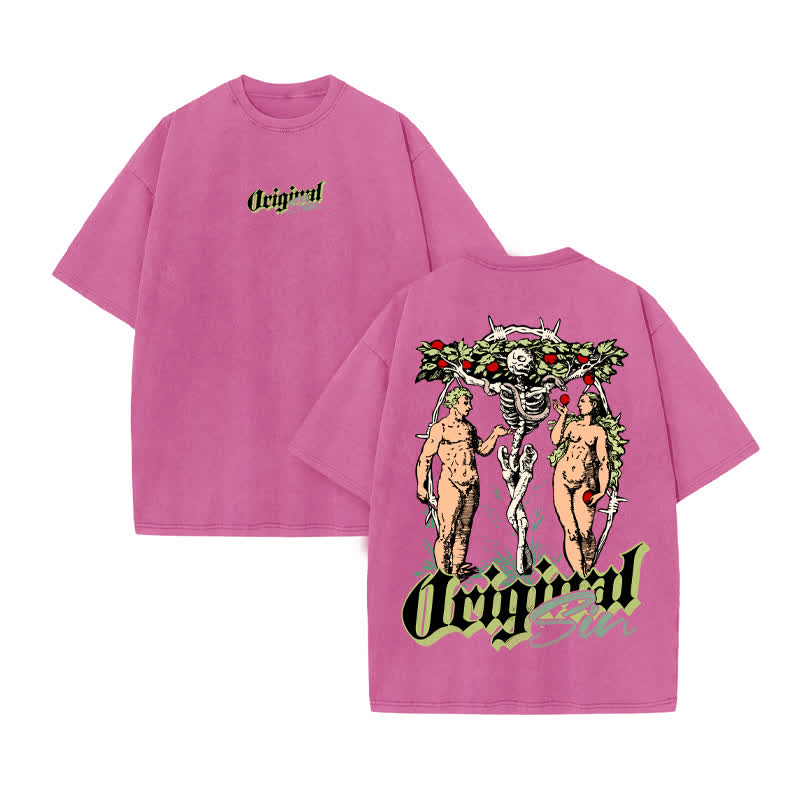 Unisex 100% Cotton Original Sin Print Acid Washed T-shirt - Pink - US20-22(3XL) - image 8