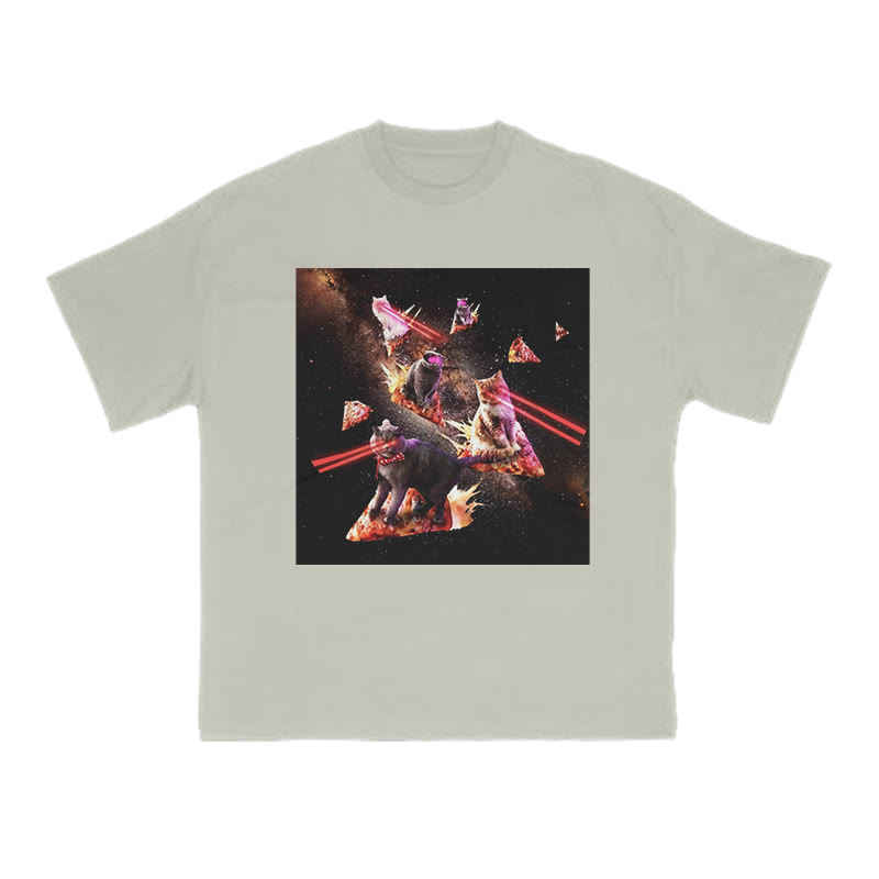 Unisex 100% Cotton Cats Driving Pizza Spaceships Print T-shirt - Warm Grey - US16-18(2XL) - image 4